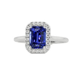 Halo Diamond Blue Sapphire Ring Emerald Cut 3 karaat witgoud 14K