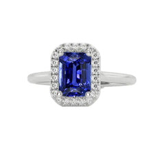 Afbeelding in Gallery-weergave laden, Halo Diamond Blue Sapphire Ring Emerald Cut 3 karaat witgoud 14K
