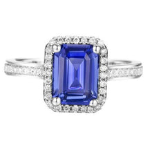 Afbeelding in Gallery-weergave laden, Halo Diamond Blue Sapphire trouwring Emerald Cut 3,50 karaat goud - harrychadent.nl
