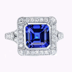 Halo Diamond Sapphire Ring Asscher Bezel Set Milgrain Shank 4 karaat
