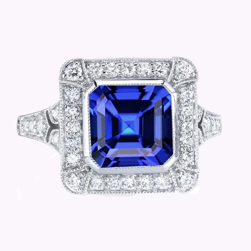 Halo Diamond Sapphire Ring Asscher Bezel Set Milgrain Shank 4 karaat - harrychadent.nl