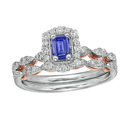 Halo Emerald Blue Sapphire Ring bezet met gouden diamanten band 2,50 karaat