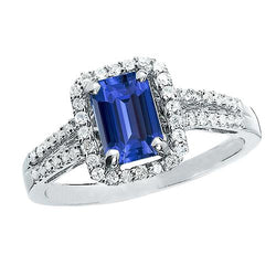 Halo Emerald Cut Ceylon Sapphire Ring Split Shank Diamond 4 karaat