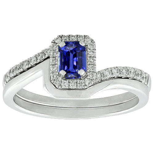 Halo Emerald Sapphire verlovingsring set met bijpassende band 3 karaat