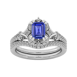 Halo Kathedraal Instelling Trouwring Set Blauwe Saffier & Diamanten