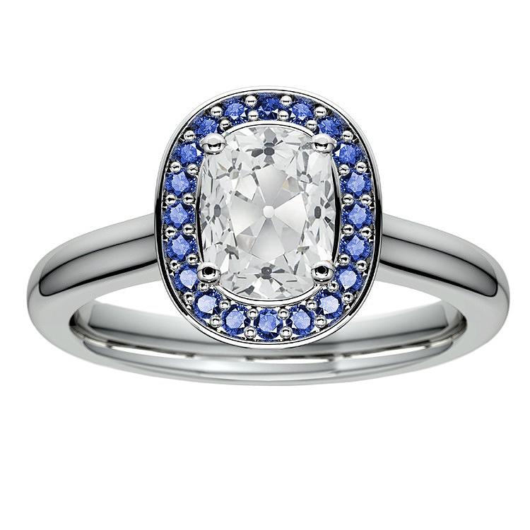 Halo Kussen Old Mine Cut Diamond Blue Sapphire Ring 5,50 karaat - harrychadent.nl