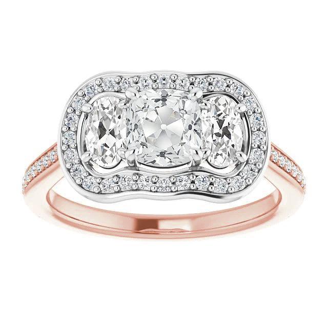 Halo Kussen & Ovale Old Cut Diamond 3 Stone Style Ring 10,75 karaat - harrychadent.nl