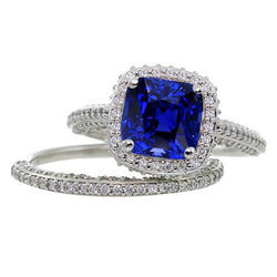 Halo Kussen Saffier Diamanten Verlovingsring Set 4,50 Karaat