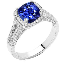 Halo Kussen Saffier Ring 3.50 Karaat Milgrain Split Shank Diamanten