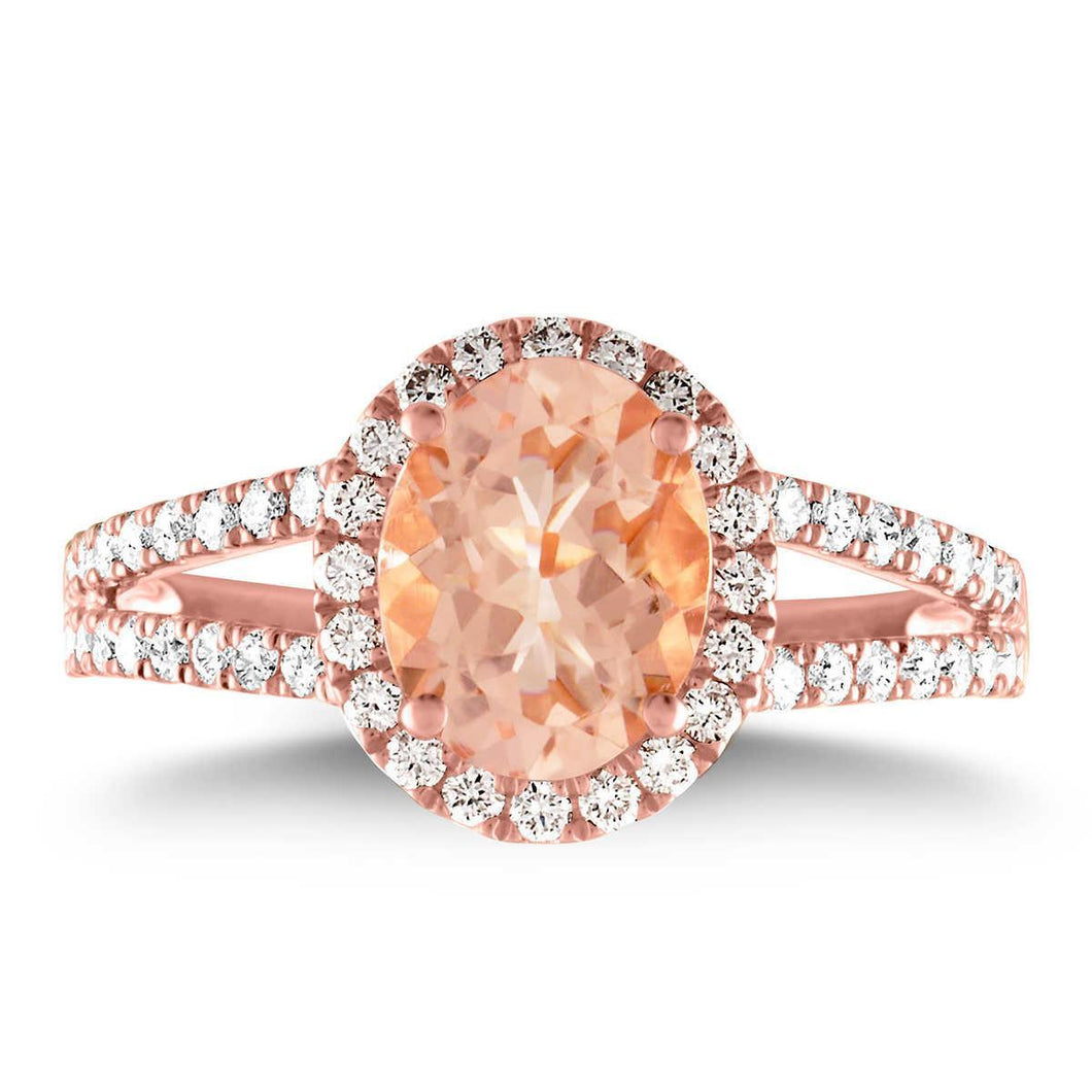 Halo Morganite en diamanten 21 kt ring rosé goud 14k - harrychadent.nl