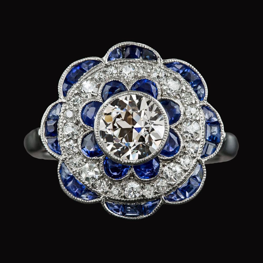 Halo Old Cut Diamond & Blue Sapphires Ring Flower Style 4,50 karaat - harrychadent.nl