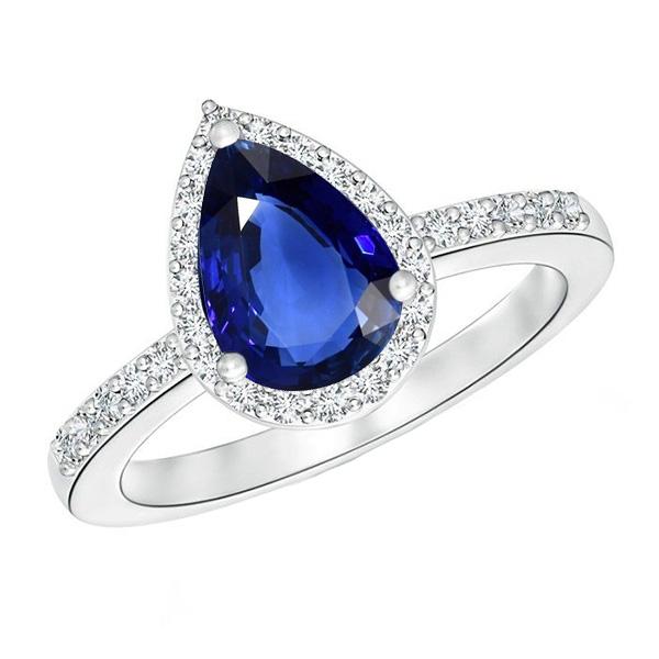 Halo Pear Blauwe Saffier Ring & Diamanten 3.25 Karaat Wit Goud 14K - harrychadent.nl