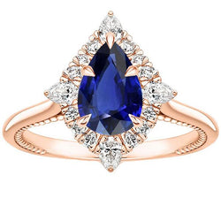 Halo Pear Cut Verlovingsring Blauwe Saffier & Diamanten 4 Karaat