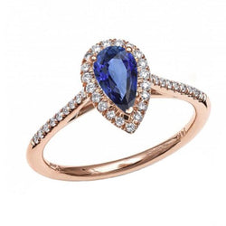 Halo Pear Natuurlijke Blauwe Saffier Ring 14K Rose Goud 3 Karaats Diamanten