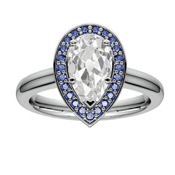 Halo Pear Old Miner Diamond Ring & ronde blauwe saffieren 5 karaat