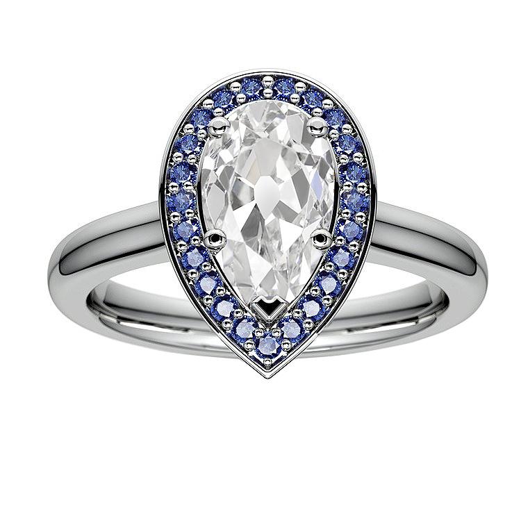 Halo Pear Old Miner Diamond Ring & ronde blauwe saffieren 5 karaat - harrychadent.nl