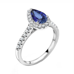 Halo Peer Blauwe Saffier & Pave Set Diamanten Ring 3 Karaat