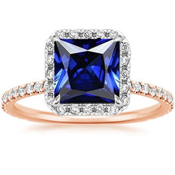Halo Princess Sapphire Ring two tone Pave diamant accenten 6,25 karaat