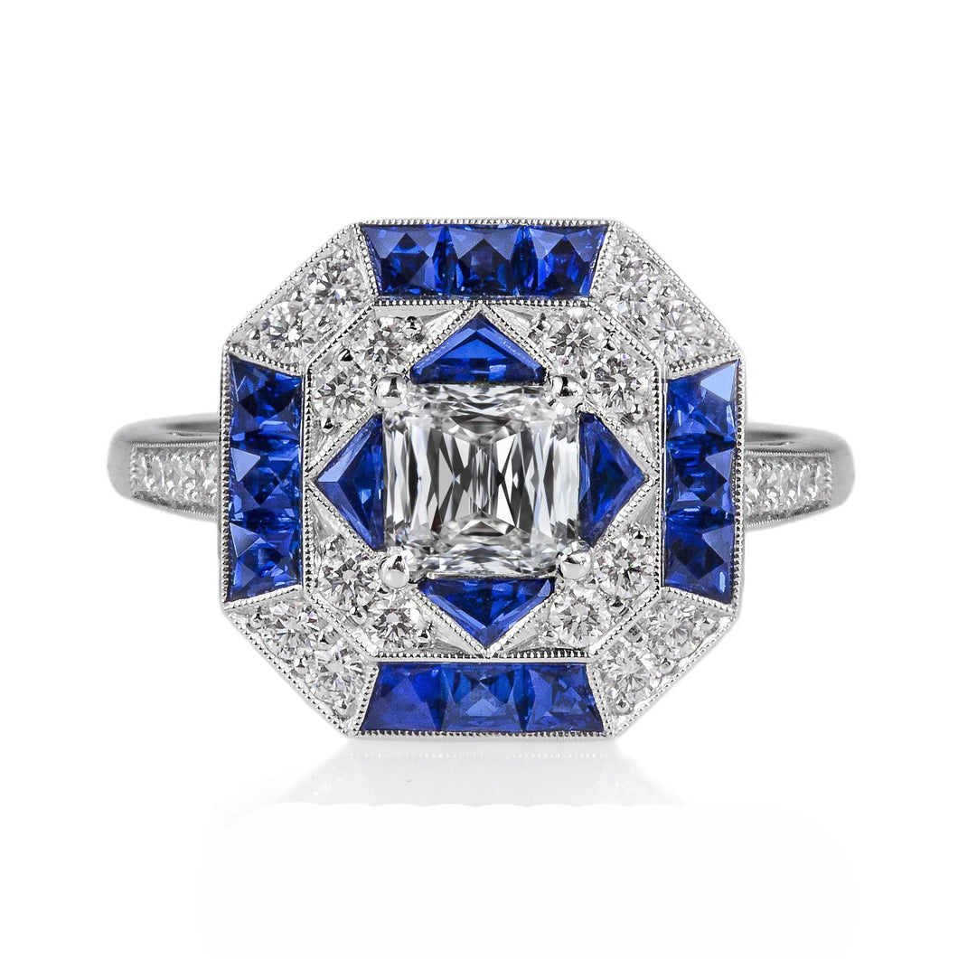 Halo Prinses Ring met diamanten en trapeziumvormige saffier 4,50 karaat Milgrain