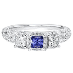 Halo Prinses Saffier Ring Prong Set Milgrain Shank Diamonds 3 karaat