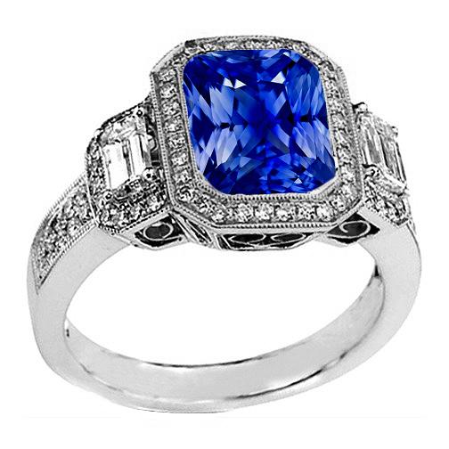 Halo Radiant Sapphire Ring Milgrain Shank Baguette Diamanten 4 karaat - harrychadent.nl