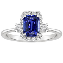 Halo Ring 3 Stenen Stralende Blauwe Saffier & Diamant 4,50 Karaat