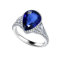 Halo Ring Bezel Set Peer Blauwe Saffier & Diamanten Accenten 4 Karaat