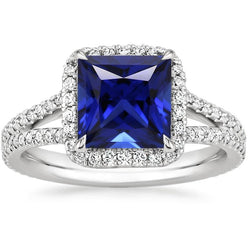 Halo Ring Blauwe Saffier en Diamant 6.5 Karaat Prinses met Accent