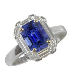 Halo Ring Emerald Blue Sapphire Triljoen & Baguette Diamanten 3 Karaat