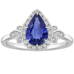 Halo Ring Floral Style Peer Sri Lankaanse Saffier & Diamanten 4 Karaat