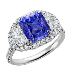 Halo Ring Kussen Saffier Met Halve Maan & Ronde Diamant 4,50 Karaat