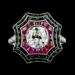 Halo Ring Old Cut Diamond Bezel Zwarte Onyx & Roze Saffieren 5 Karaat