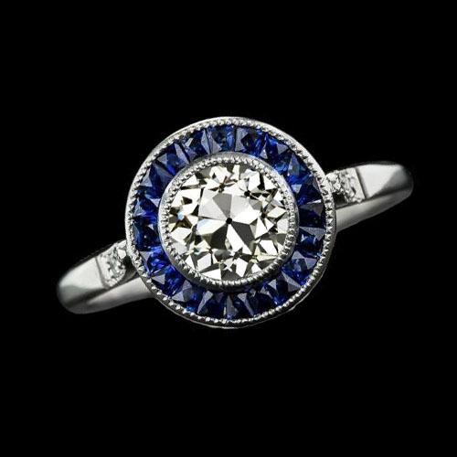 Halo Ring Old Cut Ronde Diamant & Baguette Saffier Bezel Set 3 Karaat - harrychadent.nl