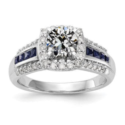 Halo Ring Old Mine Cut Diamond & Princess blauwe saffieren 3,75 karaat