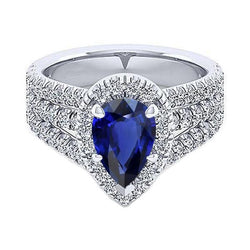 Halo Ring Prong Set Peer Blauwe Saffier & Drievoudige Schacht Diamant 5 Karaat