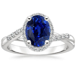 Halo Ring Twist Stijl Ovaal Blauwe Saffier & Diamanten 3,75 Karaat
