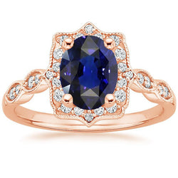 Halo Ring Vintage stijl ovale Ceylon saffier & diamanten 3,75 karaat