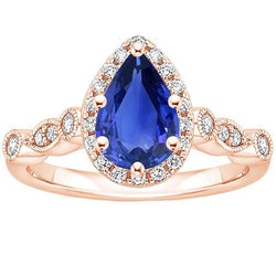 Halo Ring Vintage stijl peer blauwe saffier & diamanten 4 karaat