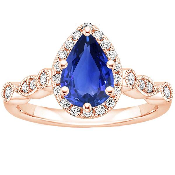Halo Ring Vintage stijl peer blauwe saffier & diamanten 4 karaat - harrychadent.nl