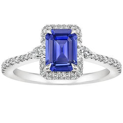 Halo Ring Wit Goud 14K Smaragd Blauwe Saffier & Diamant 4,25 Karaat