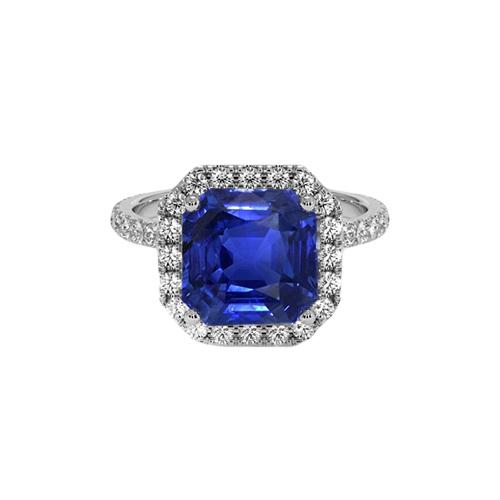 Halo Ronde Diamant & Asscher Geslepen Blauwe Saffier Ring 5,75 Karaat Nieuw - harrychadent.nl