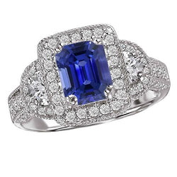 Halo Ronde & Halve Maan Diamant Blauwe Saffier Ring Emerald Cut 4 Karaat