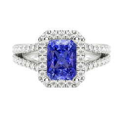 Halo Sapphire Radiant Cut-trouwring voor dames, 4 karaats V-splitschacht