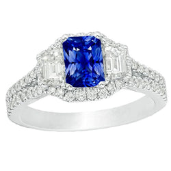 Halo Sapphire Verlovingsring 4 karaats Trapeziums & Pave Set diamanten