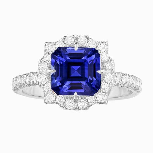 Halo Sapphire Verlovingsring Bloemstijl Asscher Geslepen 3,50 karaat - harrychadent.nl