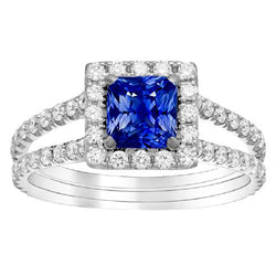 Halo Sapphire Verlovingsring Set Pave Diamond Gold Band 3 karaat