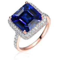 Halo Sapphire Verlovingsring Tweekleurig 14K 6 karaat Pave Set diamanten