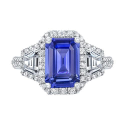 Halo Smaragd Blauwe Saffier Ring 4.50 Karaat Trapezium & Ronde Diamanten