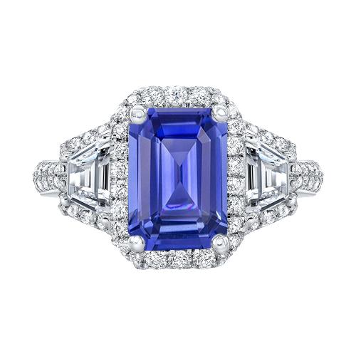 Halo Smaragd Blauwe Saffier Ring 4.50 Karaat Trapezium & Ronde Diamanten - harrychadent.nl