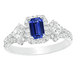 Halo Smaragd Blauwe Saffier Ring Prinses & Ronde Diamanten 3,50 karaat